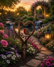Load image into Gallery viewer, Handmade bronze Robin stake memorial- with a cross