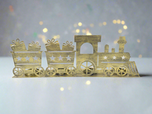 Afbeelding in Gallery-weergave laden, Handmade Christmas gold three piece train set measuring 50 x 8 x 16cmwith t-light holders - Marissa's Garden & Gift
