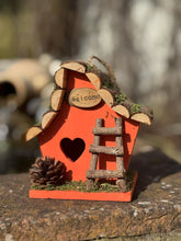 Load image into Gallery viewer, Handmade wooden coloured birdhouse hut with adorable heart shaped bird hole and ladder. The measurements are 17 x 11.5 x 17cm - Marissa's Garden & Gift