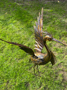 Small Bronze Metal with gold brush Heron Garden Statue with wings up 70cm with ground peg