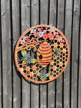 Indlæs billede til gallerivisning Handmade 60cm Bee and bee hive Wall Plaque, colourful Metal, Garden/indoor Wall Art powder coated steel - Marissa's Garden & Gift