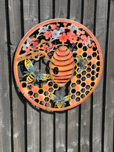 Afbeelding in Gallery-weergave laden, Handmade 60cm Bee and bee hive Wall Plaque, colourful Metal, Garden/indoor Wall Art powder coated steel - Marissa's Garden & Gift