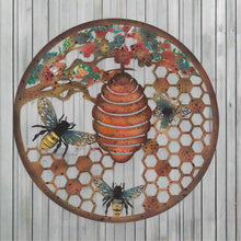 Indlæs billede til gallerivisning Handmade 40cm Bee and bee hive Wall Plaque, colourful Metal, Garden/indoor Wall Art powder coated steel - Marissa's Garden & Gift