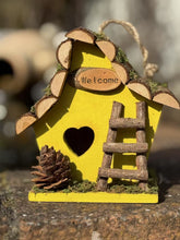 Load image into Gallery viewer, Handmade wooden coloured birdhouse hut with adorable heart shaped bird hole and ladder. The measurements are 17 x 11.5 x 17cm - Marissa's Garden & Gift