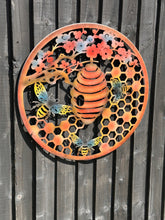 Indlæs billede til gallerivisning Handmade 60cm Bee and bee hive Wall Plaque, colourful Metal, Garden/indoor Wall Art powder coated steel - Marissa's Garden & Gift
