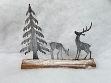 Indlæs billede til gallerivisning Handmade Christmas silver scene with two reindeers and Christmas tree on a wooden log 27 x 5 x 22cm - Marissa's Garden & Gift
