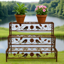 Laden Sie das Bild in den Galerie-Viewer, Handmade Bronze garden/outdoor three tier plant stand with hand painted robins powder coated. - Marissa's Garden & Gift