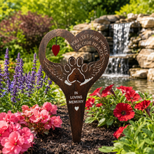 Load image into Gallery viewer, Handmade bronze paw print with angel wings memorial stake