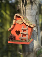 Load image into Gallery viewer, Handmade wooden coloured birdhouse hut with adorable heart shaped bird hole and ladder. The measurements are 17 x 11.5 x 17cm - Marissa's Garden & Gift