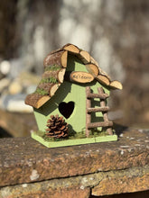 Load image into Gallery viewer, Handmade wooden coloured birdhouse hut with adorable heart shaped bird hole and ladder. The measurements are 17 x 11.5 x 17cm - Marissa's Garden & Gift