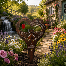 Load image into Gallery viewer, Handmade bronze paw print with angel wings memorial stake