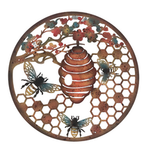 Indlæs billede til gallerivisning Handmade 40cm Bee and bee hive Wall Plaque, colourful Metal, Garden/indoor Wall Art powder coated steel - Marissa's Garden & Gift