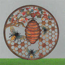 Indlæs billede til gallerivisning Handmade 40cm Bee and bee hive Wall Plaque, colourful Metal, Garden/indoor Wall Art powder coated steel - Marissa's Garden & Gift