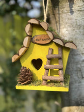Load image into Gallery viewer, Handmade wooden coloured birdhouse hut with adorable heart shaped bird hole and ladder. The measurements are 17 x 11.5 x 17cm - Marissa's Garden & Gift