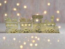 Afbeelding in Gallery-weergave laden, Handmade Christmas gold three piece train set measuring 50 x 8 x 16cmwith t-light holders - Marissa's Garden & Gift