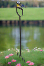 Load image into Gallery viewer, Handmade powder coated Blue tit on a fork sculpture 105cm tall - Marissa's Garden & Gift
