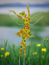 Load image into Gallery viewer, Standing Art Deco yellow floral garden/ outdoor metal garden fairy measuring 24.5 x 8 x 55cm - Marissa's Garden & Gift