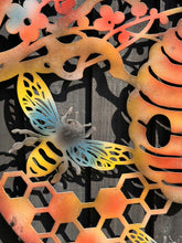 Indlæs billede til gallerivisning Handmade 60cm Bee and bee hive Wall Plaque, colourful Metal, Garden/indoor Wall Art powder coated steel - Marissa's Garden & Gift