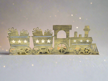 Afbeelding in Gallery-weergave laden, Handmade Christmas gold three piece train set measuring 50 x 8 x 16cmwith t-light holders - Marissa's Garden & Gift