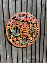 Indlæs billede til gallerivisning Handmade 60cm Bee and bee hive Wall Plaque, colourful Metal, Garden/indoor Wall Art powder coated steel - Marissa's Garden & Gift