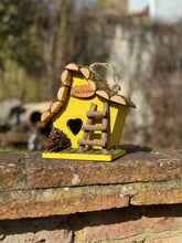 Load image into Gallery viewer, Handmade wooden coloured birdhouse hut with adorable heart shaped bird hole and ladder. The measurements are 17 x 11.5 x 17cm - Marissa's Garden & Gift