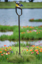 Load image into Gallery viewer, Handmade powder coated Blue tit on a fork sculpture 105cm tall - Marissa's Garden & Gift