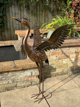 Load image into Gallery viewer, Large Bronze with gold brush Heron Dimensions are 79 x 60 x 107cm. | Garden Statue | Bird Yard Art | Outdoor Decor
