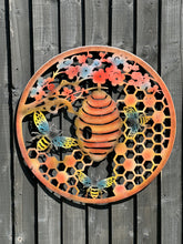 Indlæs billede til gallerivisning Handmade 60cm Bee and bee hive Wall Plaque, colourful Metal, Garden/indoor Wall Art powder coated steel - Marissa's Garden & Gift