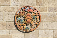 Afbeelding in Gallery-weergave laden, Handmade 60cm Bee and bee hive Wall Plaque, colourful Metal, Garden/indoor Wall Art powder coated steel - Marissa's Garden & Gift