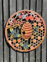 Indlæs billede til gallerivisning Handmade 60cm Bee and bee hive Wall Plaque, colourful Metal, Garden/indoor Wall Art powder coated steel - Marissa's Garden & Gift