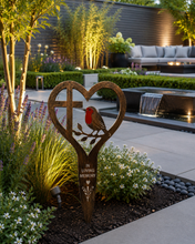 Load image into Gallery viewer, Handmade bronze Robin stake memorial- with a cross