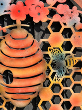 Indlæs billede til gallerivisning Handmade 60cm Bee and bee hive Wall Plaque, colourful Metal, Garden/indoor Wall Art powder coated steel - Marissa's Garden & Gift