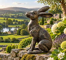 Load image into Gallery viewer, Gold with black brush alert hare garden ornament polyresin 36cm high.