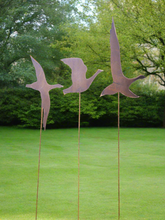 Load image into Gallery viewer, Three large rusty Flying Geese Garden Art on poles measuring 25 x 16.5 cm for garden/outdoor. - Marissa's Garden & Gift