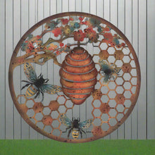 Indlæs billede til gallerivisning Handmade 40cm Bee and bee hive Wall Plaque, colourful Metal, Garden/indoor Wall Art powder coated steel - Marissa's Garden & Gift