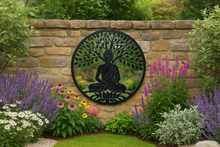 Afbeelding in Gallery-weergave laden, Handmade 60cm black metal Wall Plaque with acrylic mirror, colourful Metal, Garden/indoor Wall Art powder coated steel