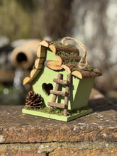 Load image into Gallery viewer, Handmade wooden coloured birdhouse hut with adorable heart shaped bird hole and ladder. The measurements are 17 x 11.5 x 17cm - Marissa's Garden & Gift