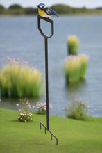 Load image into Gallery viewer, Handmade powder coated Blue tit on a fork sculpture 105cm tall - Marissa's Garden & Gift