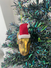 Indlæs billede til gallerivisning Glass Christmas dinosaur with hat Christmas bauble tree hanging decoration/christmas/seasonal/ glass hanging item - Marissa's Garden & Gift