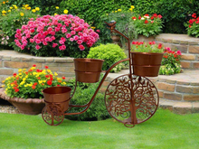 Indlæs billede til gallerivisning Handmade bronze tricycle with with birds and tree of life wheels pot plant holder stand with one pot - Marissa's Garden & Gift