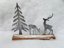 Indlæs billede til gallerivisning Handmade Christmas silver scene with two reindeers and Christmas tree on a wooden log 27 x 5 x 22cm - Marissa's Garden & Gift