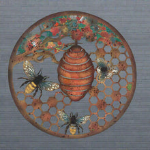 Indlæs billede til gallerivisning Handmade 40cm Bee and bee hive Wall Plaque, colourful Metal, Garden/indoor Wall Art powder coated steel - Marissa's Garden & Gift