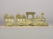 Afbeelding in Gallery-weergave laden, Handmade Christmas gold three piece train set measuring 50 x 8 x 16cmwith t-light holders - Marissa's Garden & Gift