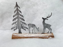 Indlæs billede til gallerivisning Handmade Christmas silver scene with two reindeers and Christmas tree on a wooden log 27 x 5 x 22cm - Marissa's Garden & Gift