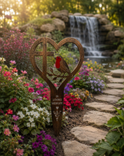 Load image into Gallery viewer, Handmade bronze Robin stake memorial- with a cross