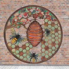 Indlæs billede til gallerivisning Handmade 40cm Bee and bee hive Wall Plaque, colourful Metal, Garden/indoor Wall Art powder coated steel - Marissa's Garden & Gift