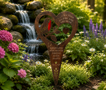 Load image into Gallery viewer, Handmade bronze Robin stake memorial- A little bird told me you are near- Always loved Never forgotten Forever in our hearts