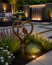 Load image into Gallery viewer, Handmade bronze Robin stake memorial- with a cross