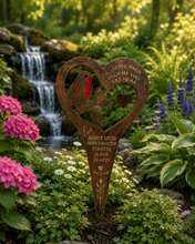 Load image into Gallery viewer, Handmade bronze Robin stake memorial- A little bird told me you are near- Always loved Never forgotten Forever in our hearts