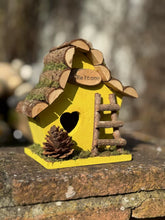 Load image into Gallery viewer, Handmade wooden coloured birdhouse hut with adorable heart shaped bird hole and ladder. The measurements are 17 x 11.5 x 17cm - Marissa's Garden & Gift